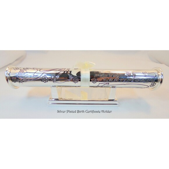 Beautiful Silver Plate Birth Certificate Holder w/Stand plus Blank Certificate - Picture 2 of 9